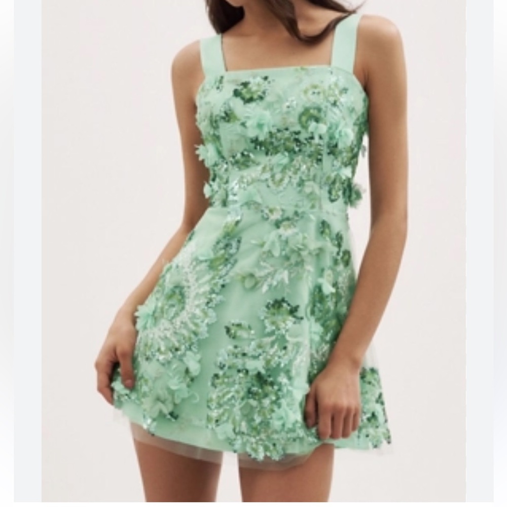NWT Dress the Population Aurelia Embellished Fit and Flare Minidress Sage Multi